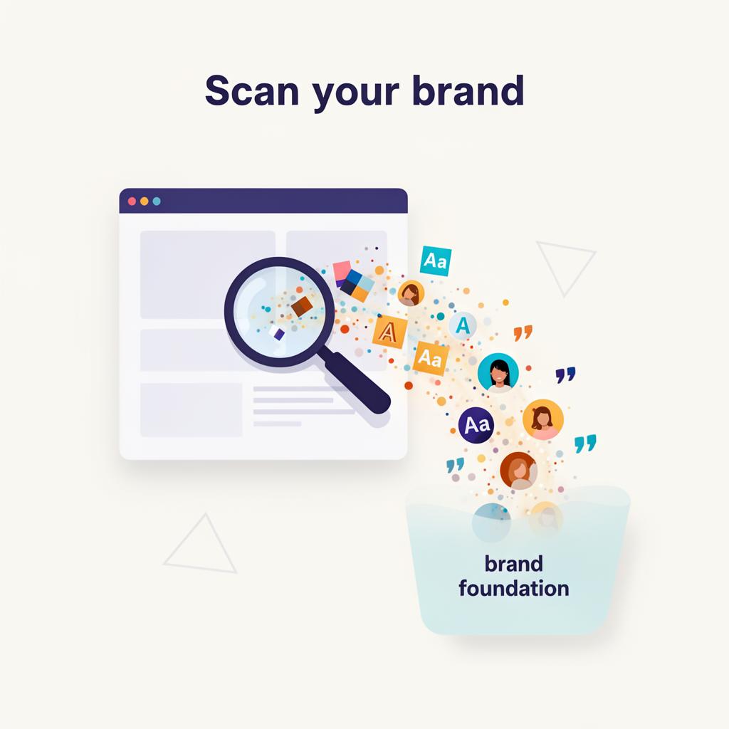 IZZE brand foundation screen showing extracted colors, typography, and personas from a website scan